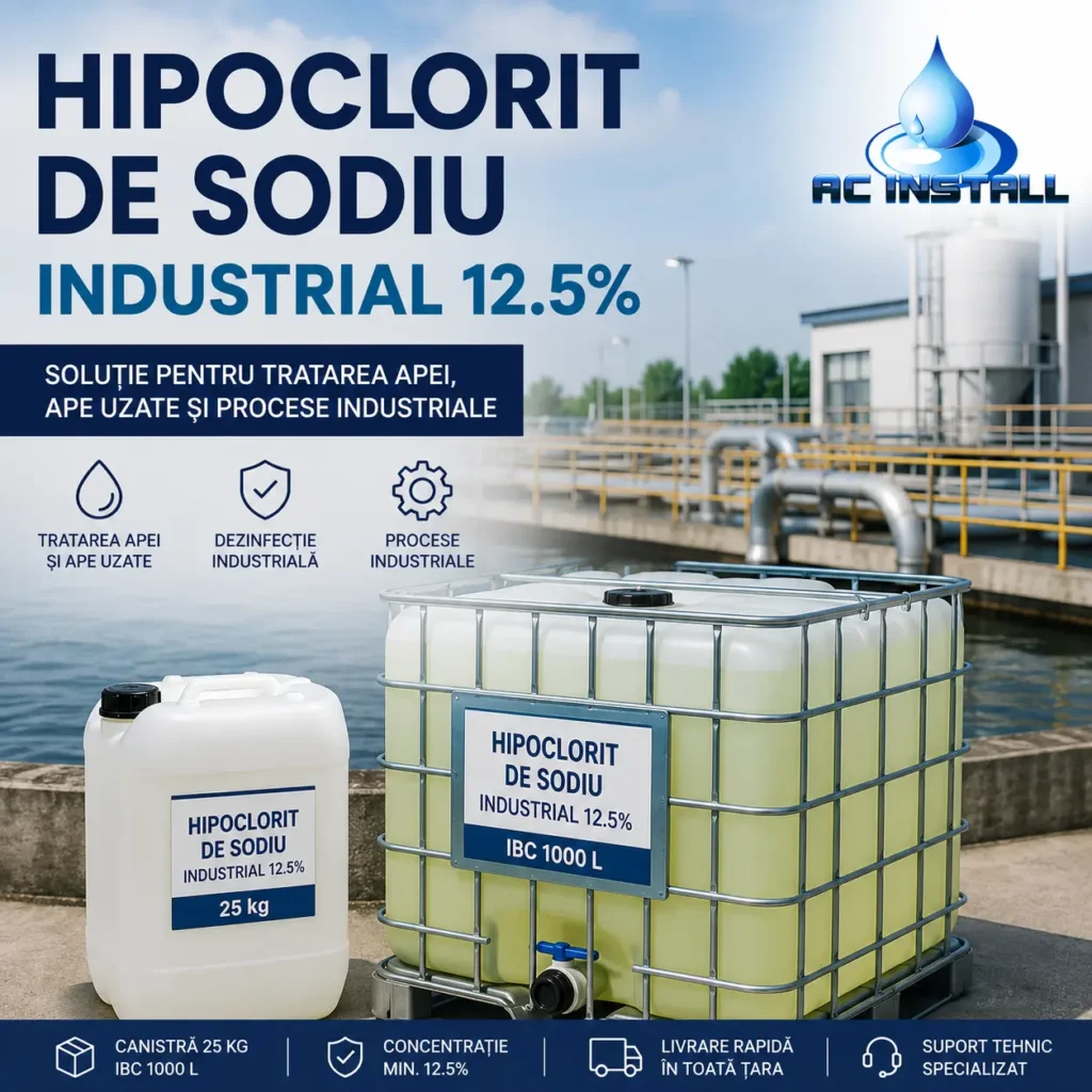 hipoclorit de sodiu industrial 12.5% in canistra 25 kg si IBC 1000 L pentru tratarea apei si aplicatii industriale
